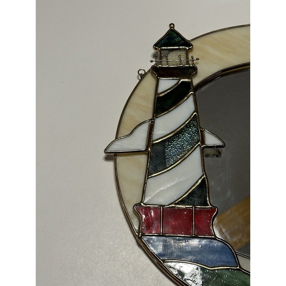 Vintage Stained Glass Lighthouse Boat Nautical Mirror Wall Hanging Beach Decor - Picture 5 of 8